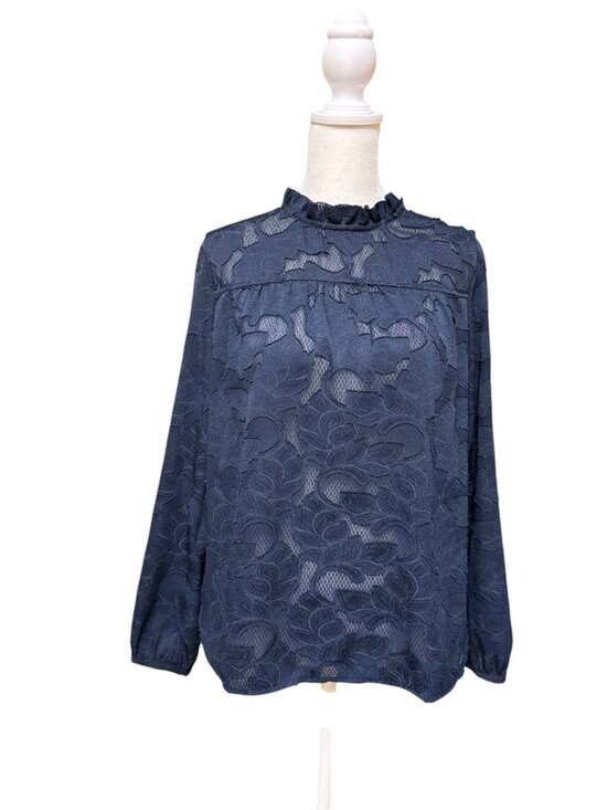 Banana Republic Tops - Banana Republic Lace Blouse Navy Blue Sheer Long Sleeve Petite